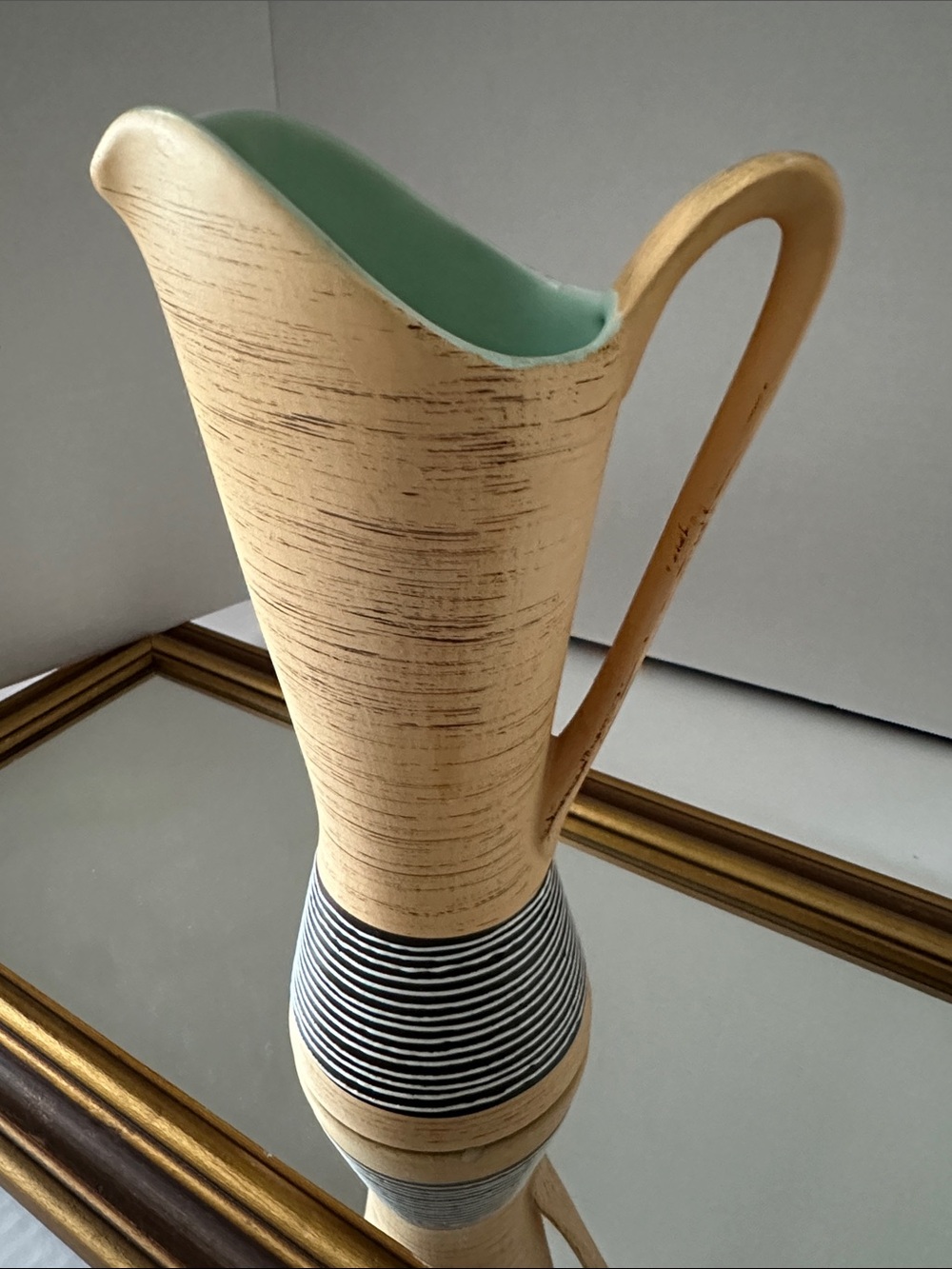 Vintage Tall Handled Pitcher Vase in Faux Wood Grain with Mint Interior